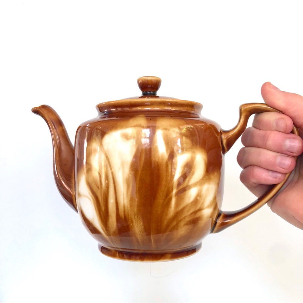 Vintage Latte Art Marble Glazed Lidded Teapot Ceramic Brown Cream with Strainer